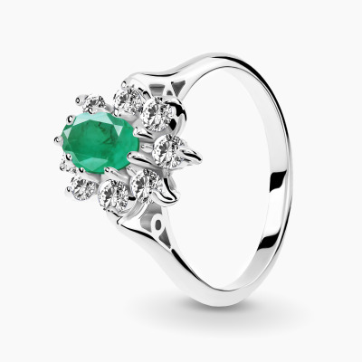 Pierścionek Venezia z białego złota 585 ze szmaragdem i...