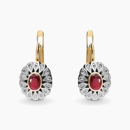 Kolczyki dwukolorowe złoto 585 z brylantami 0,18 ct i rubinami 0,64 ct