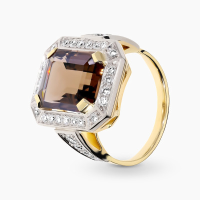 Pierścionek z dwóch kolorów złota 585 z kwarcem dymnym i...