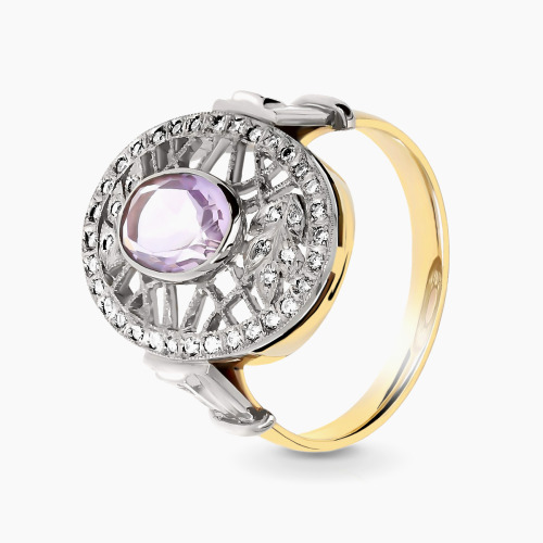 Pierścionek dwukolorowe złoto 585 z jasnym ametystem i brylantami 0,27 ct