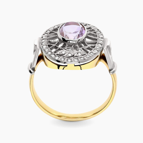 Pierścionek dwukolorowe złoto 585 z jasnym ametystem i brylantami 0,27 ct