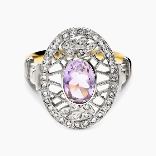 Pierścionek dwukolorowe złoto 585 z jasnym ametystem i brylantami 0,27 ct