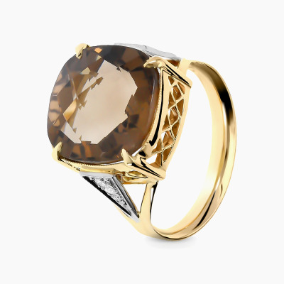 Pierścionek żółte i białe złoto 585 z okazałym kwarcem...