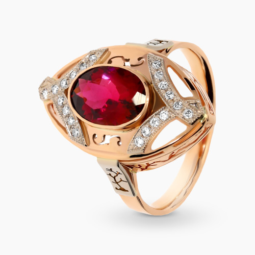 Pierścionek złoty 585 z okazałym turmalinem 1,71 ct i brylantami 0,13 ct