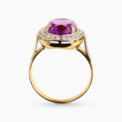 Pierścionek z żółtego złota 585 z ametystem 3,15 i brylantami 0,12 ct
