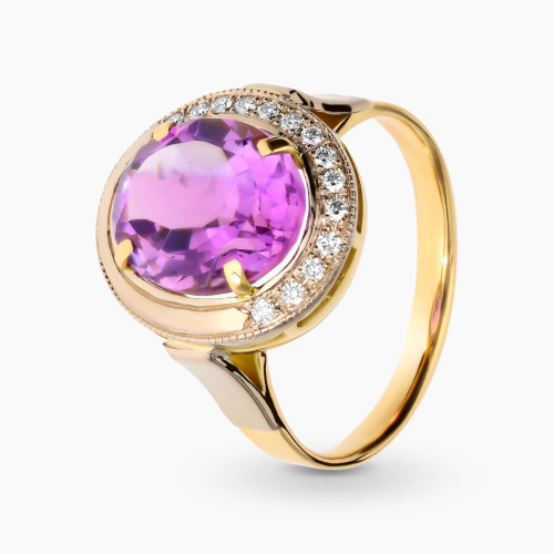 Pierścionek z żółtego złota 585 z ametystem 3,15 i brylantami 0,12 ct