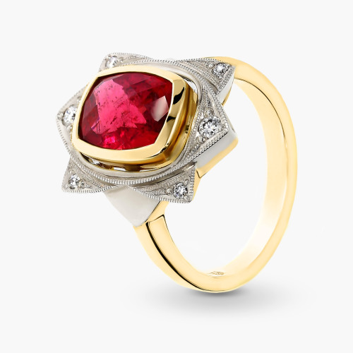 Pierścionek złoty 585 z okazałym turmalinem 2,96 ct i brylantami 0,10 ct