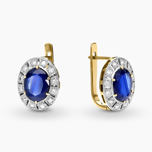 Kolczyki z dwukolorowego złota 585 z szafirami i brylantami