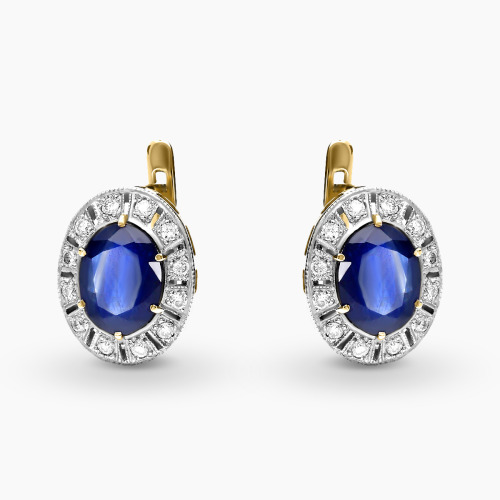 Kolczyki z dwukolorowego złota 585 z szafirami i brylantami