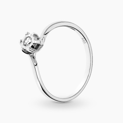 Pierścionek asymetryczny białe złoto 585 z brylantem 0,09 ct