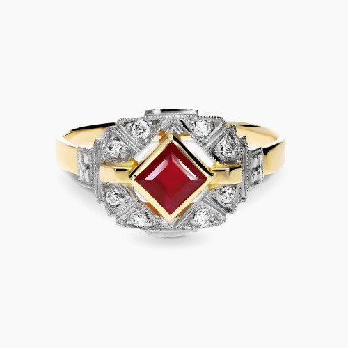 Pierścionek Art Déco dwukolorowe złoto 585 z rubinem 0,52 ct i brylantami 0,11 ct