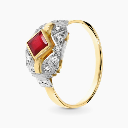 Pierścionek Art Déco dwukolorowe złoto 585 z rubinem 0,52 ct i brylantami 0,11 ct
