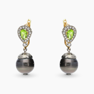 Kolczyki złote z oliwinami, perłami i brylantami