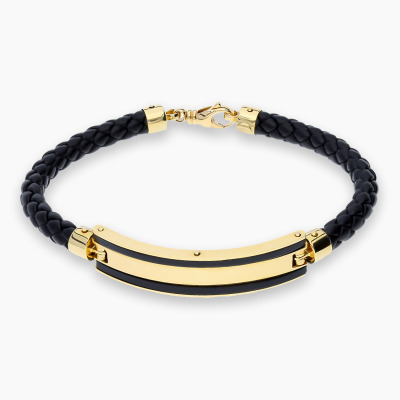 Bransoletka ze skóry i żółtego złota 585 z czarną emalią