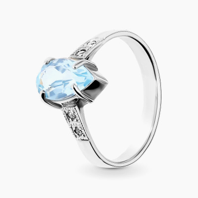 Pierścionek z białego złota 585 z  brylantami i błękitnym...