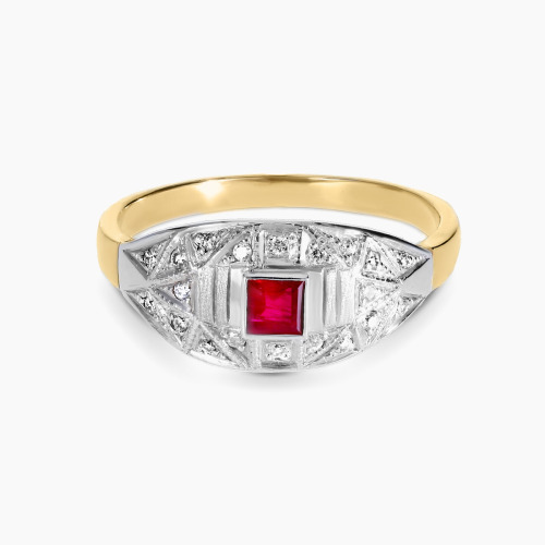 Pierścionek retro dwukolorowe złoto 585 z rubinem 0,19 ct i brylantami 0,13 ct