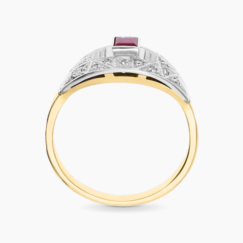 Pierścionek retro dwukolorowe złoto 585 z rubinem 0,19 ct i brylantami 0,13 ct