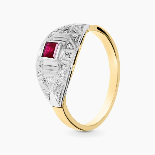 Pierścionek retro dwukolorowe złoto 585 z rubinem 0,19 ct i brylantami 0,13 ct