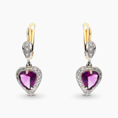 Kolczyki wiszące złote 585 z ametystami i brylantami