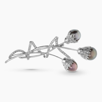 Broszka z białego złota 585 z perłami i brylantami