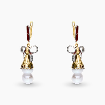 Kolczyki z dwukolorowego złota 585 z brylantami i perłami