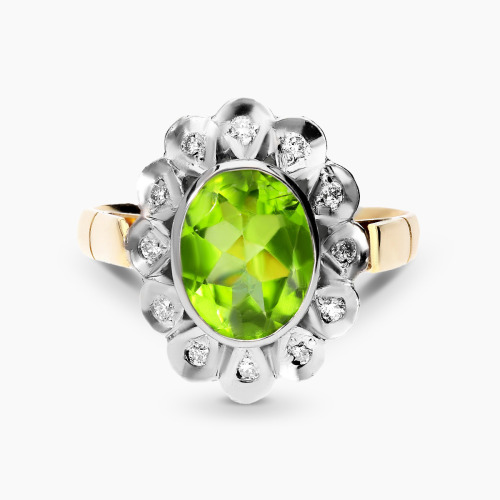 Pierścionek z dwukolorowego złota 585 z brylantami 0,17 ct i oliwinem 2,42 ct