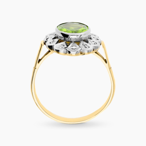 Pierścionek z dwukolorowego złota 585 z brylantami 0,17 ct i oliwinem 2,42 ct