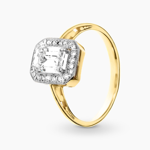 Pierścionek z żółtego i białego złota 585 z diamentem o szlifie schodkowym 1,07 i brylantami