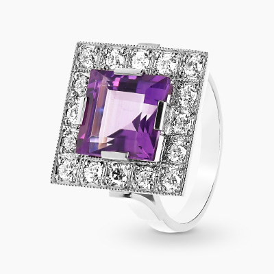 Pierścionek ze złota 585 z kwadratowym ametystem i...