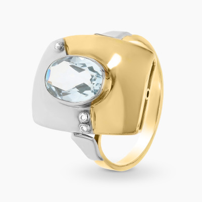 Pierścionek złoto 585 z diamentami i owalnym akwamarynem...