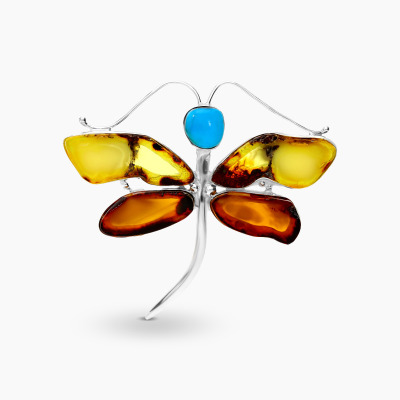 Broszko-zawieszka ważka ze srebra z turkusem i bursztynem