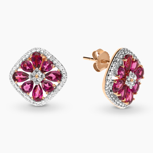 Kolczyki z różowego złota 585 z białymi topazami i rodolitami