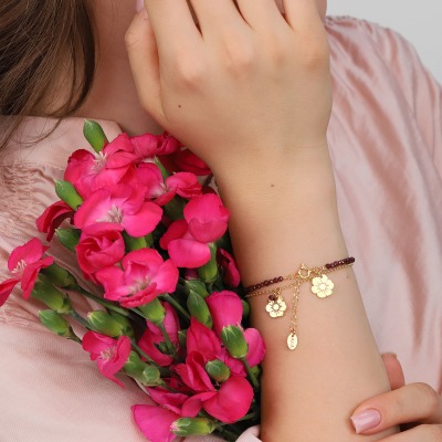 Bransoletka Flower Garden srebrna pozłacana z granatami i... 2