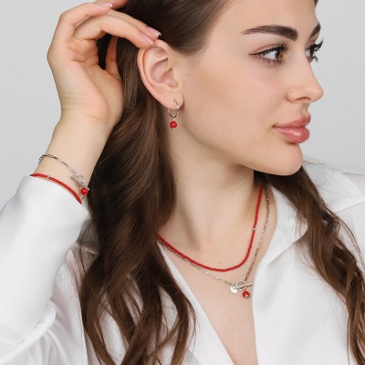 Bransoletka Sphere srebrna splot ankier z wiszącym koralem 2