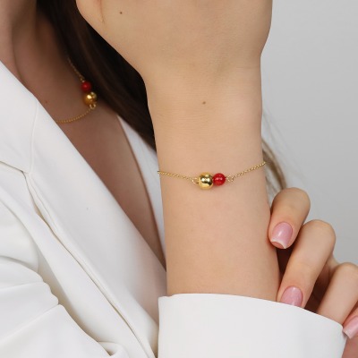 Bransoletka Sphere srebrna pozłacana splot rolo z koralem... 2