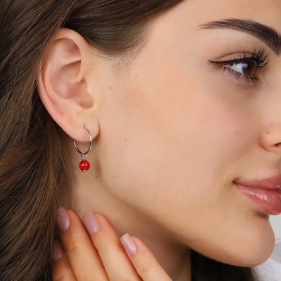 Kolczyki Sphere koła srebrne platynowane z okrągłym koralem 2