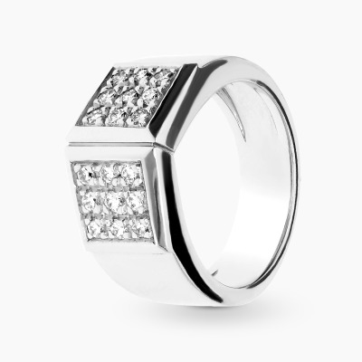 Pierścionek sygnet z białego złota 750 z brylantami 0,45 ct