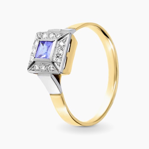 Pierścionek z białego i żółtego złota 585 z tanzanitem 0,20 ct i brylantami 0,10 ct