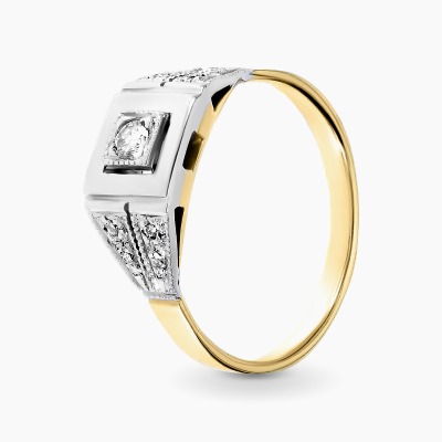 Pierścionek retro z dwukolorowego złota 585 z brylantami...