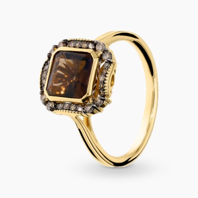 Pierścionek żółte złoto 585 z kwarcem dymnym 2,13 ct i...