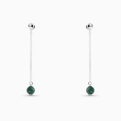 Kolczyki Sphere srebrne kulki i łańcuszek z agatem mszystym