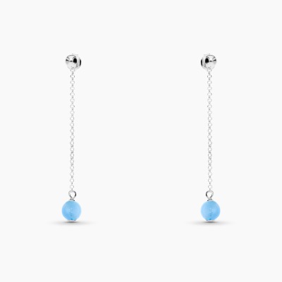 Kolczyki Sphere srebrne kulki i łańcuszek z akwamarynem