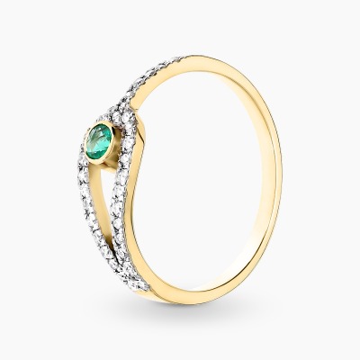 Pierścionek z białego i żółtego złota 585 ze szmaragdem i...