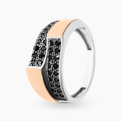 Pierścionek formie obrączki z czarnymi cyrkoniami ze srebra
