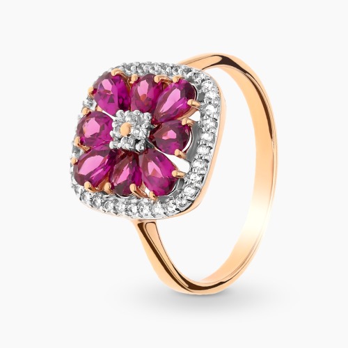 Pierścionek z różowego złota 585 z białymi topazami i rodolitami