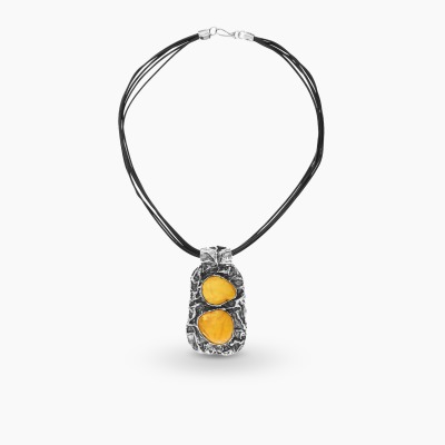 Naszyjnik srebrny z żółtymi bursztynami na czarnych... 2