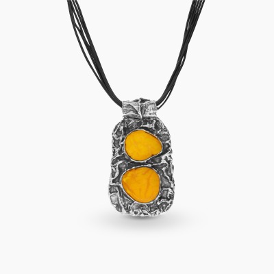 Naszyjnik srebrny z żółtymi bursztynami na czarnych...