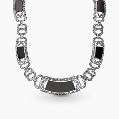 Naszyjnik, okazała kolia srebrna z markazytami i onyksami