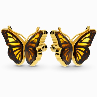 Kolczyki motyle na sztyft srebrno pozłacane z bursztynem