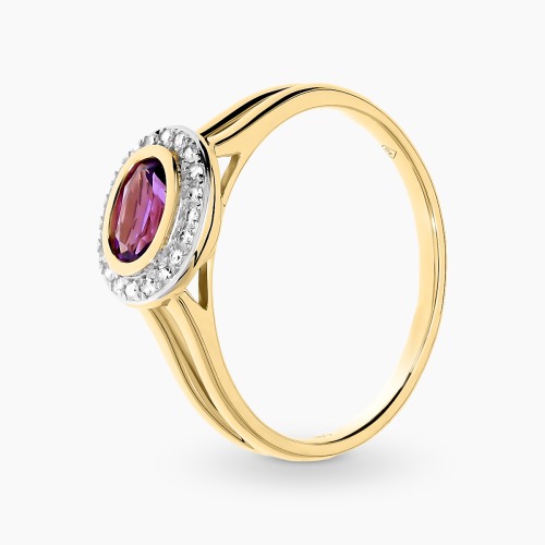Pierścionek z żółtego i białego złota 585 z owalnym ametystem 0,38 ct i brylantami 0,08 ct